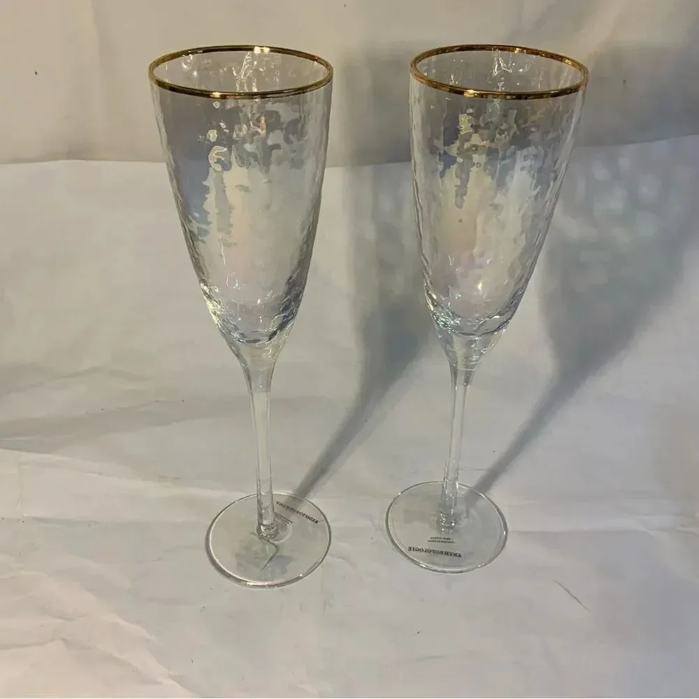 New Anthropologie Hand Blown Iridescent Wine Glasses with Gold Rim Set of 2 A10